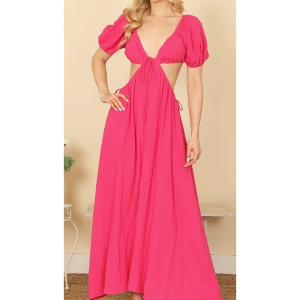 Olivaceous Hot Pink Cotton Gauze Cutout Maxi Dress Puff Sleeve Size M EUC
